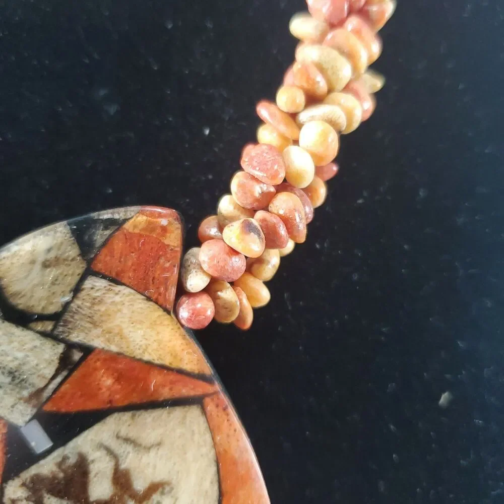 Vintage Lee Sands Inlaid Lion Pendant Statement Necklace Coral Orange 9" 22" - Picture 5 of 12